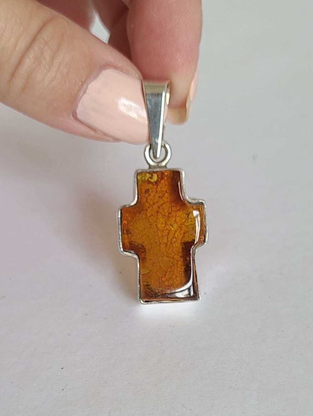 Vintage Sterling Silver Boho Chunky Natural Baltic Amber Cross Drop Pendant